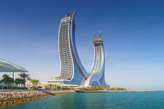 Doha, Qatar - Jan 14 2024, Panoramic view of the two luxury hotels Raffles Doha and Fairmont Doha, located in Qatar Lusail Towers, at daytime, Doha, Qatar