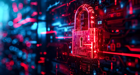 Futuristic digital security red padlock on an electronic screen background. 