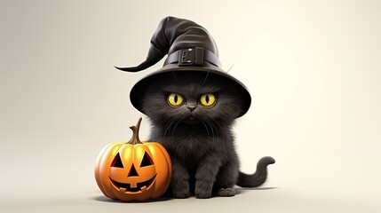 A cute black cat wearing a witch hat is sitting next to a jack-o'-lantern. The cat has big yellow eyes and a fluffy tail.
