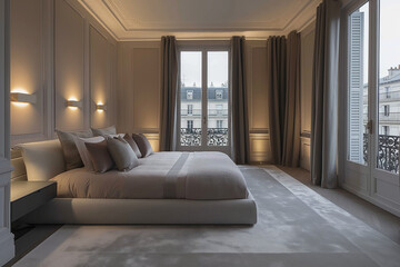 Luxurious Paris hotel bedroom featuring a large platform bed and soft pastel tones, illuminated by the romantic Parisian evening light.