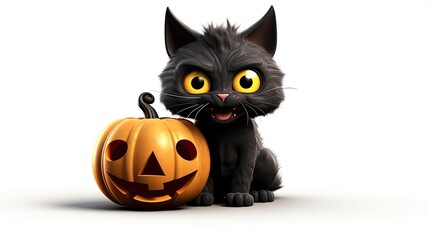 Fototapeta premium A cute black cat is sitting next to a jack-o'-lantern. The cat has big, yellow eyes and a friendly expression.