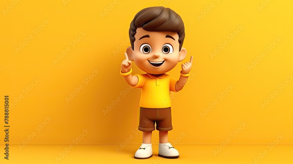Poster this is a 3d rendering of a happy, smiling boy. he is pointing his fingers up in the air. he is wear