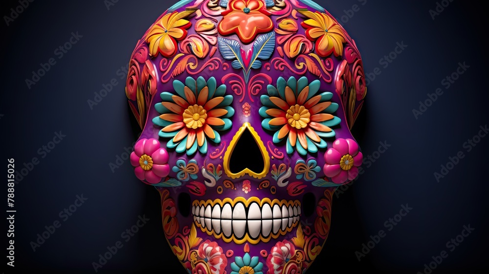 Poster this is a 3d rendering of a colorful skull with a floral pattern. the skull is facing the viewer and