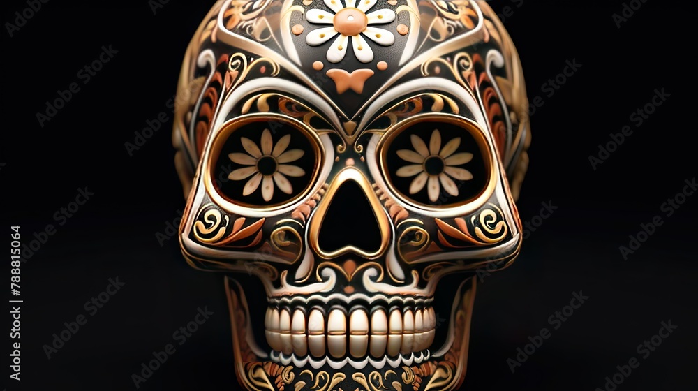 Poster this image is a 3d rendering of a skull with a floral pattern. the skull is black and white, with a 