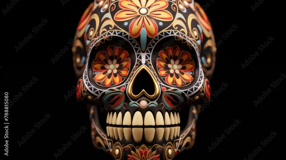 Poster this is a 3d rendering of a colorful skull with a floral pattern.