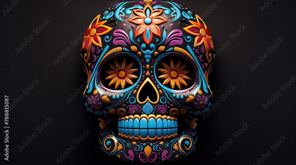 Poster this is a 3d rendering of a colorful skull with intricate details. the skull is black and decorated 