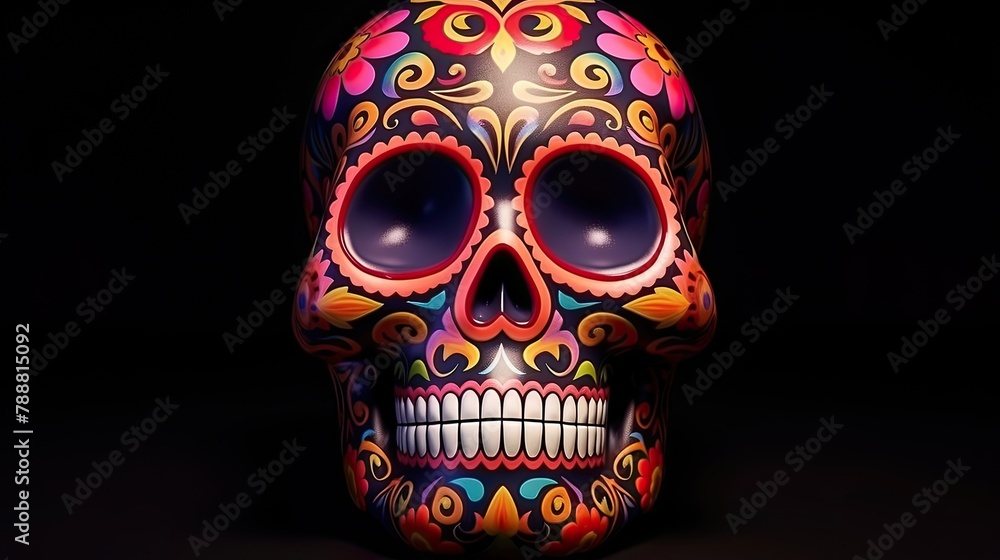 Poster this is a 3d rendering of a colorful skull with a floral pattern. the skull is facing the viewer and
