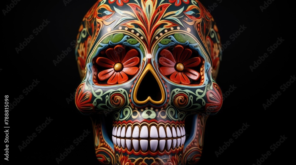 Poster this is a 3d rendering of a colorful skull with intricate patterns and flower details.