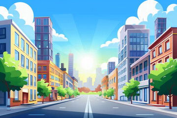 Fototapeta na wymiar Empty city street. Landscape of a block with residential buildings in sunny summer weather. Panorama vector icon, white background, black colour icon