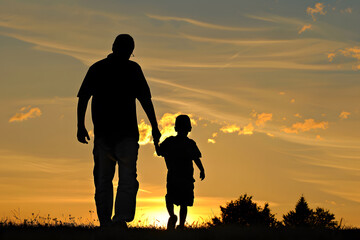 Silhouette of father and son walking in the sunset for father's day background and celebration