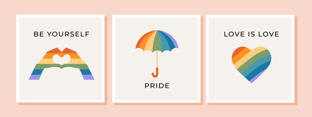 Vector set of greeting cards for LGBTQIA Pride Month. A collection of social media posts with slogans, phrases and quotes. Umbrella, heart, hands in rainbow colors. 
