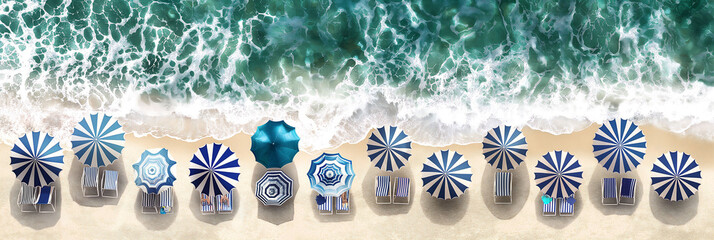 12 umbrellas by the beach on a summer day - obrazy, fototapety, plakaty