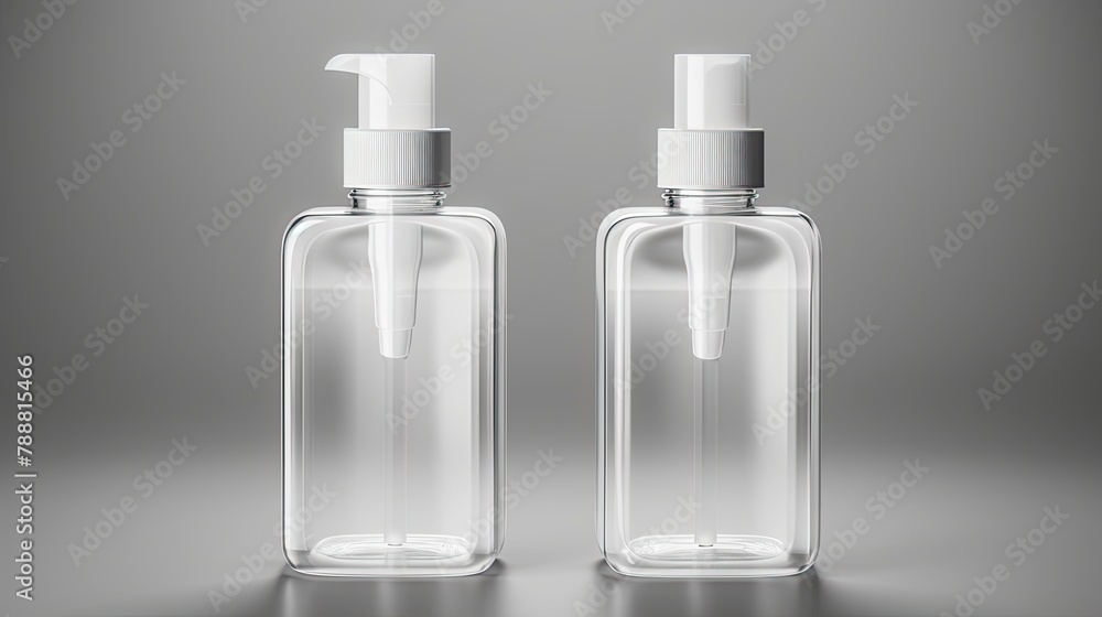Poster 3d rendering of two transparent plastic pump bottles with white caps. the bottles are half-full of a