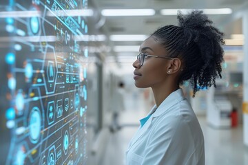 Woman in Lab Coat Observing Display