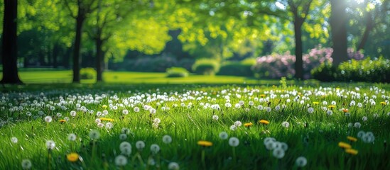 Scenic beauty of a tranquil park featuring dandelions, green grass, trees, and flowers under the sunlight in a beautiful spring nature setting.