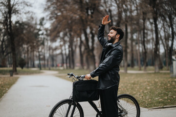 Stylish male entrepreneur working remotely while enjoying the outdoors in an urban park, waving and greeting.