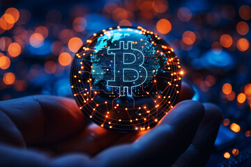 A glowing Bitcoin globe rests on a hand, symbolizing the global reach of digital currency.