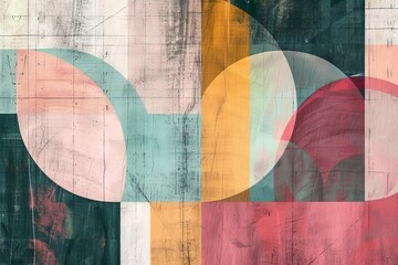 minimal geometric shapes and lines in soft pastel colors on textured paper background abstract art