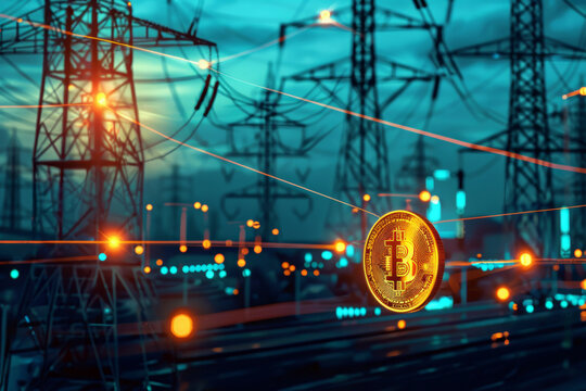 A Bitcoin coin illuminated by blue lights, with energy infrastructure in the backdrop. Cryptocurrency mining concept.