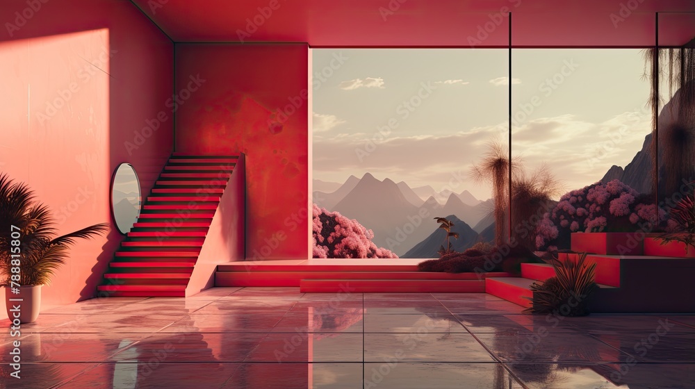 Poster the image is a 3d rendering of a modern living room with a large window looking out onto a mountain 