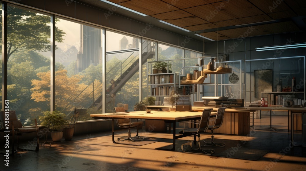 Poster a modern office with a large window looking out onto a city. there are two desks in the office, one 
