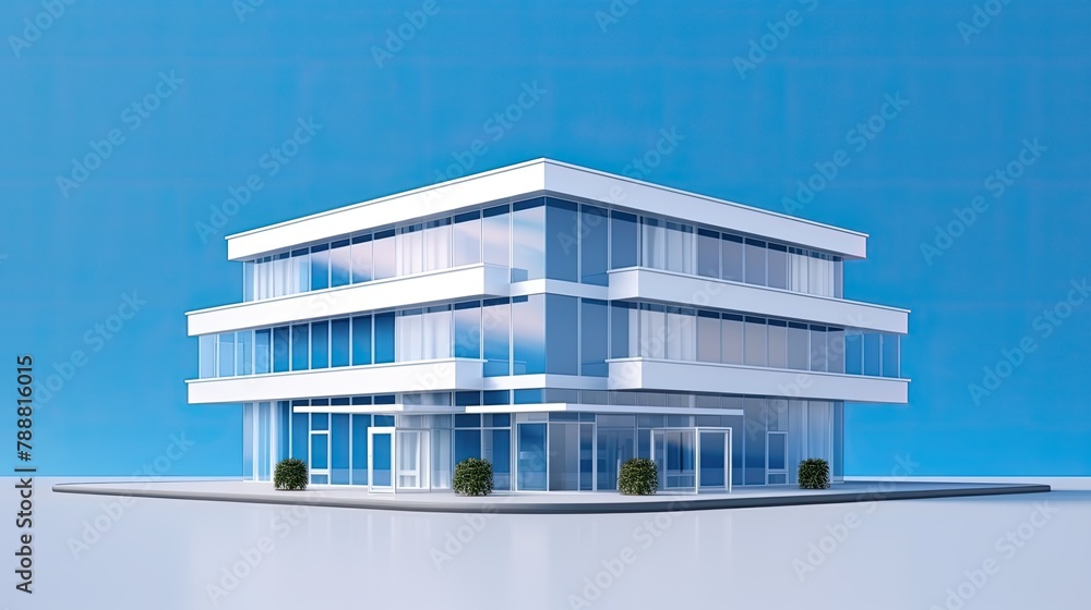 Poster 3d rendering of a modern office building with large glass windows reflecting the sky. the building h