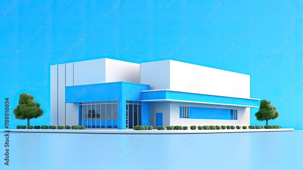 Poster a rendering of a small business building with large windows. the exterior of the building is blue an