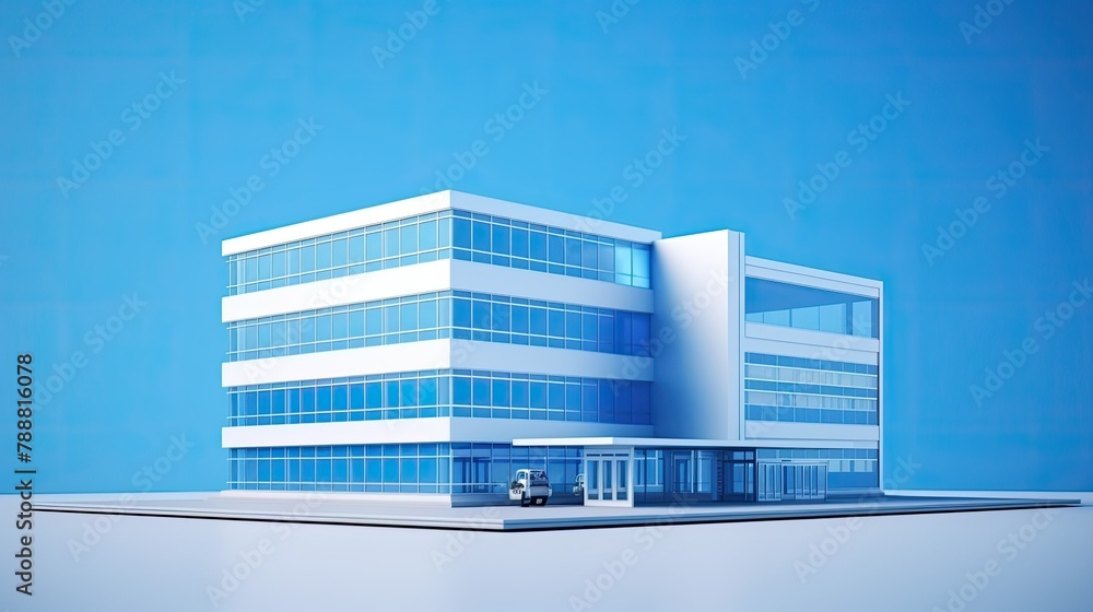 Poster 3d rendering of a modern office building with large glass windows reflecting the sky. the building h