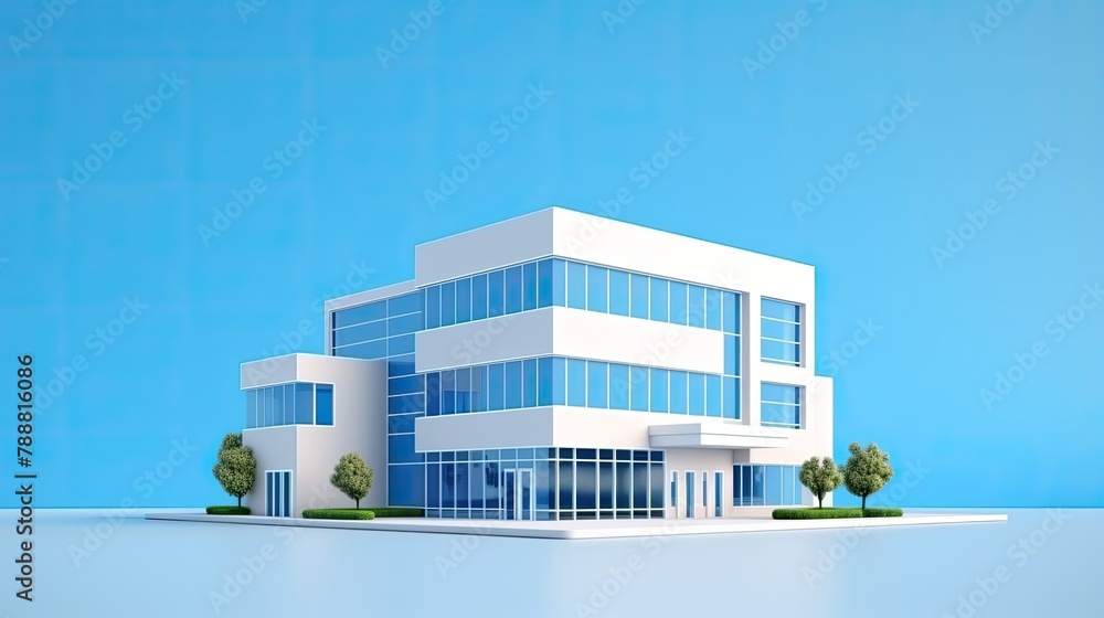 Poster 3d rendering of a modern office building with large glass windows and trees in front of it. the buil