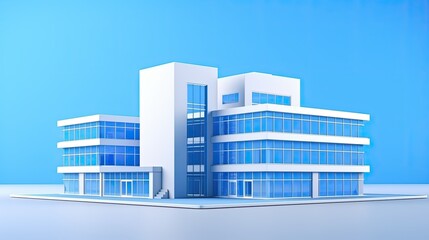 A modern office building with a blue glass facade. The building is surrounded by a landscaped lawn and trees.