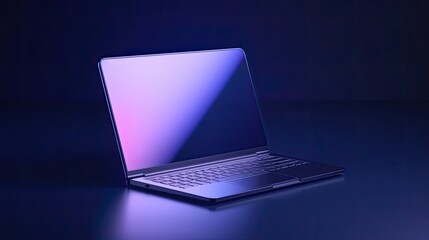 Laptop in dark blue with glowing screen.