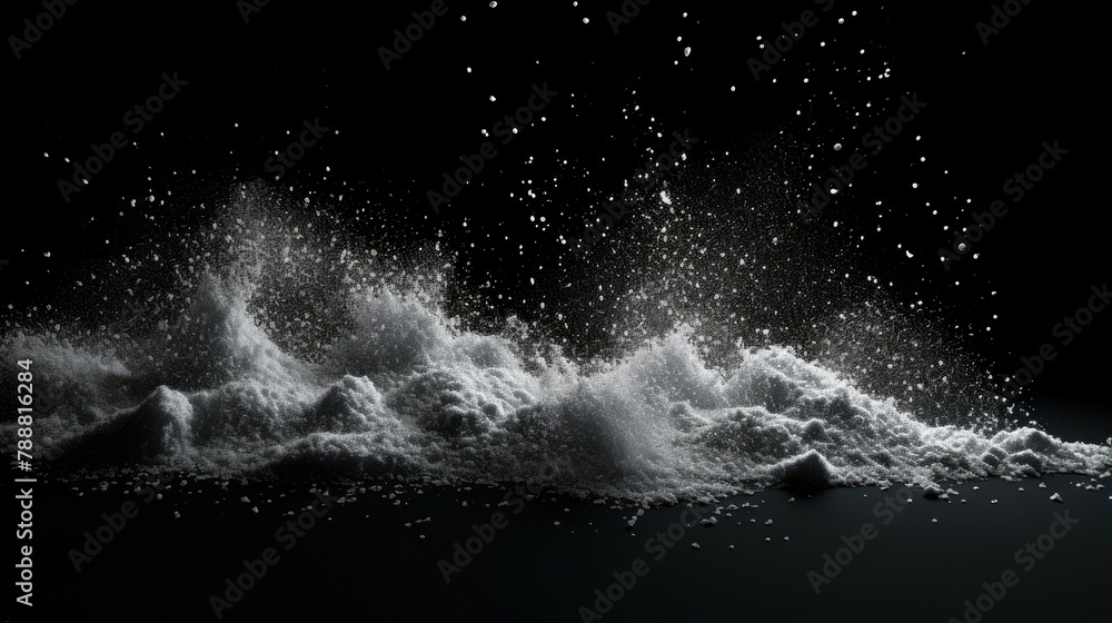 Poster black and white image of snow. the snow is in the form of a wave, and it is crashing against an unse