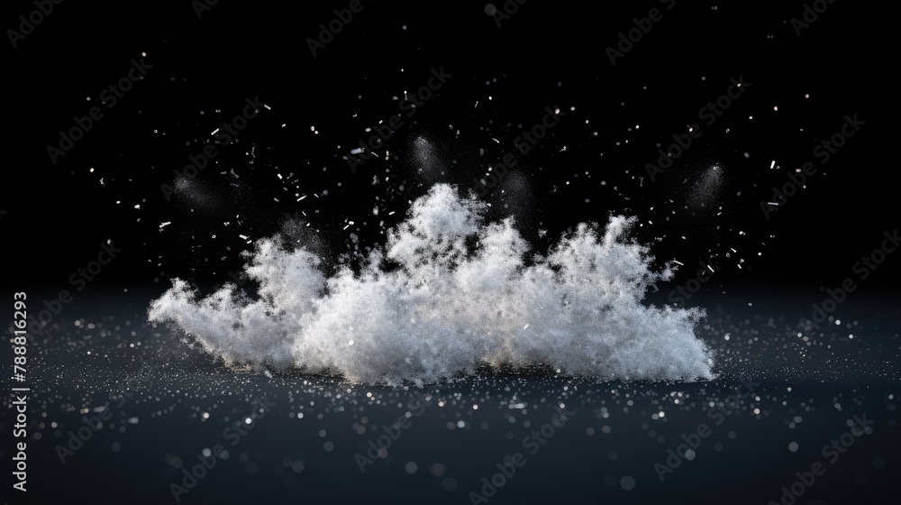 Poster 3d rendering of a snow explosion on a dark background. the snow is white and fluffy, and it looks li