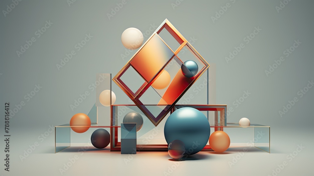 Poster 3d rendering of a still life with geometric shapes. the image features a variety of shapes, includin