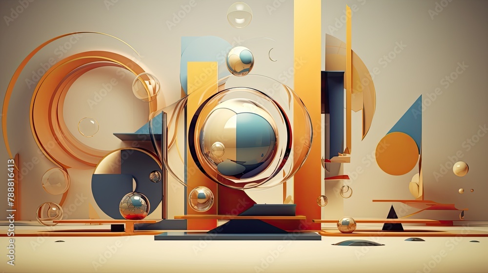 Poster 3d rendering of a surreal abstract scene with geometric shapes and floating spheres in a soft pastel