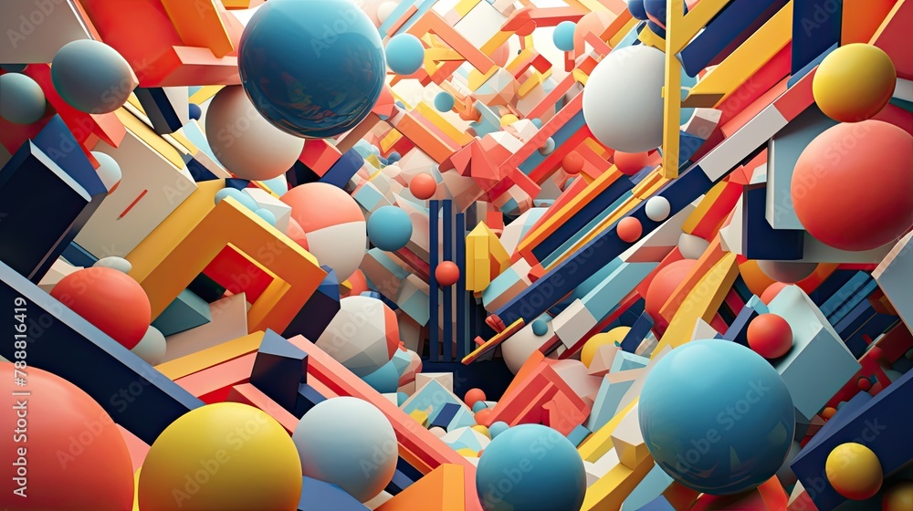 Poster 3d rendering of colorful geometric shapes. balls and blocks of different sizes and colors are arrang