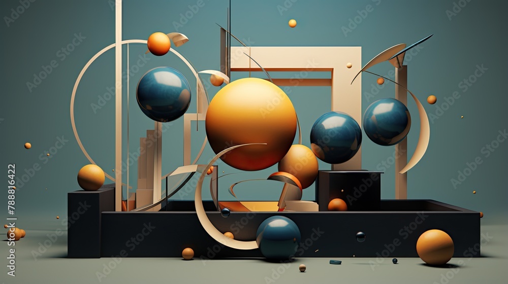 Poster 3d rendering of a surreal abstract scene with floating geometric shapes and spheres in a blue and or