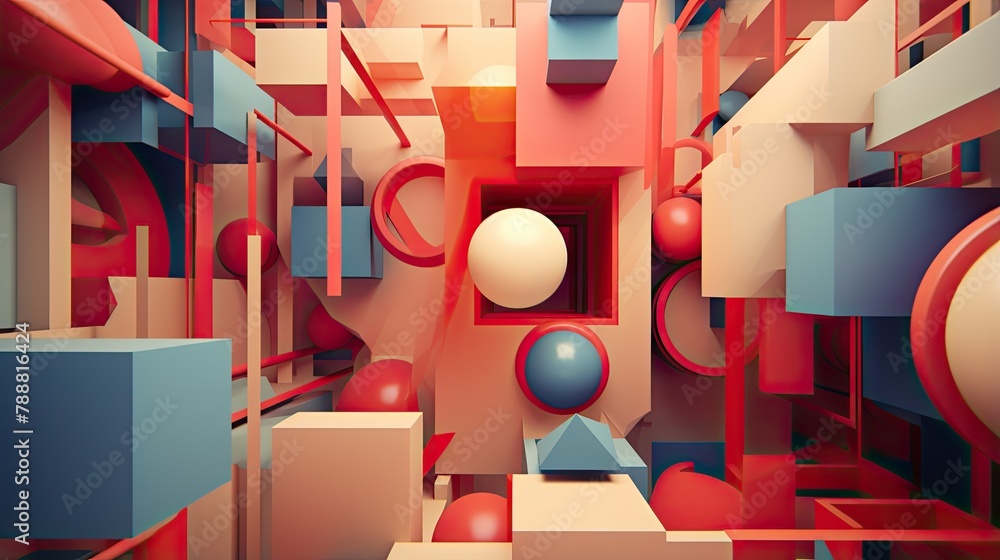 Poster this is a 3d rendering of a colorful geometric maze.
