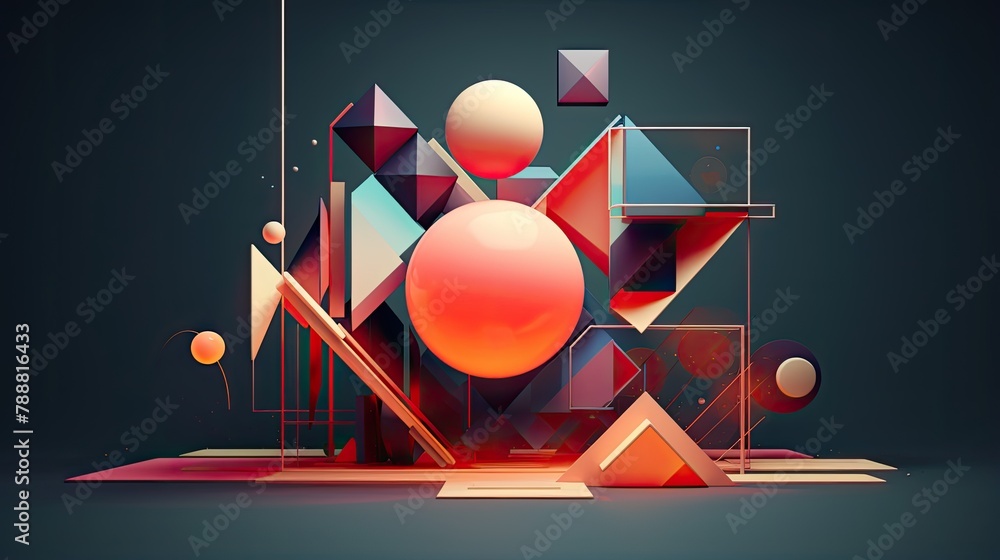 Poster 3d rendering of geometric shapes. orange sphere in the center with other colorful shapes surrounding