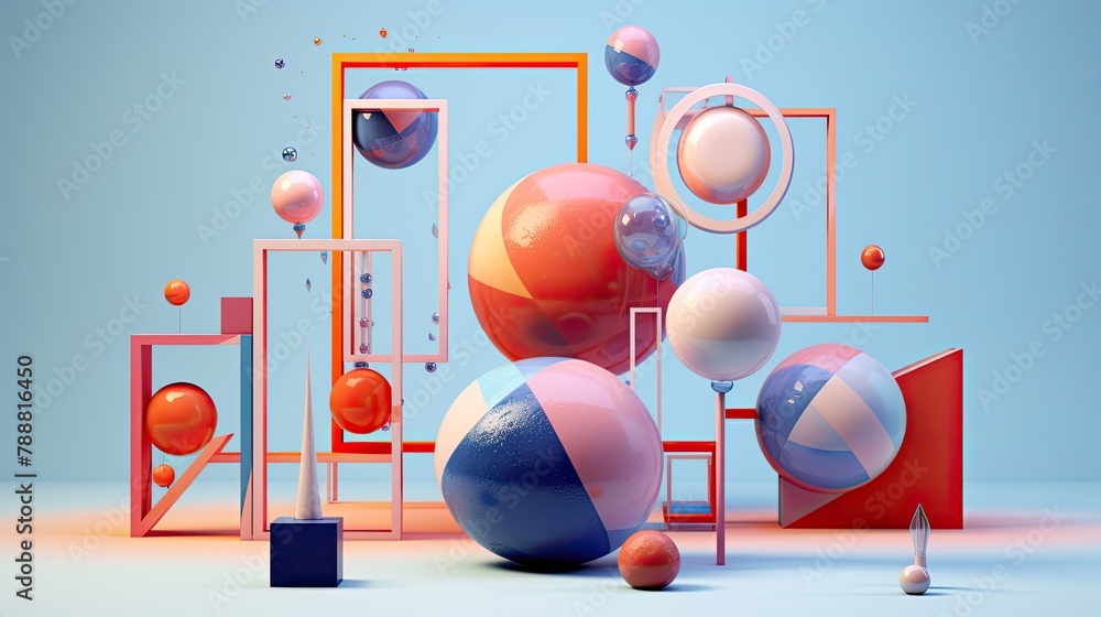 Poster 3d rendering of a colorful abstract composition with spheres and geometrical shapes.
