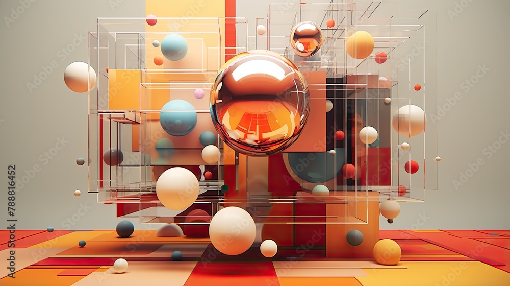 Poster abstract 3d render of geometric shapes and spheres floating in mid-air.
