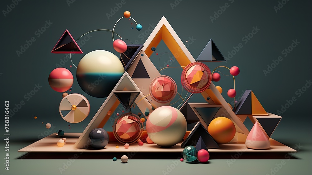 Poster 3d rendering of a colorful abstract composition. geometric shapes such as spheres, triangles, and py
