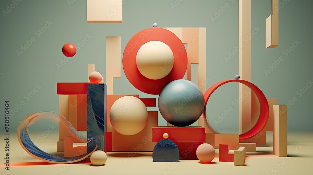 Poster 3d rendering of abstract geometric shapes. the composition consists of spheres, cubes, and other sha