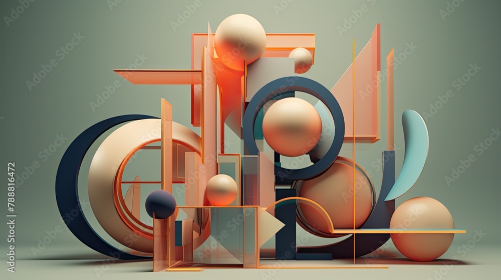 Aufkleber 3d rendering of abstract geometric shapes. the composition consists of spheres, cylinders, and recta