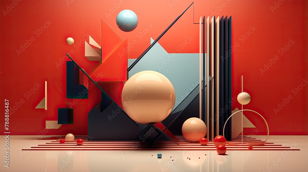 Poster abstract 3d rendering of geometric shapes. the composition is made of a variety of simple shapes, su
