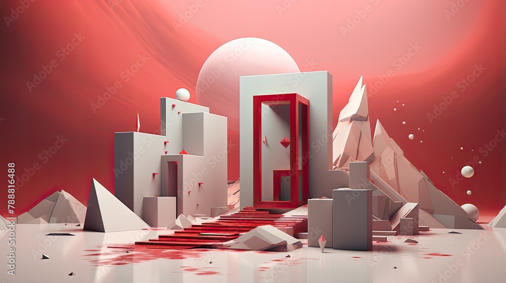 Poster this is a 3d rendering of a surreal landscape. there is a red moon in the sky and a red carpet leadi