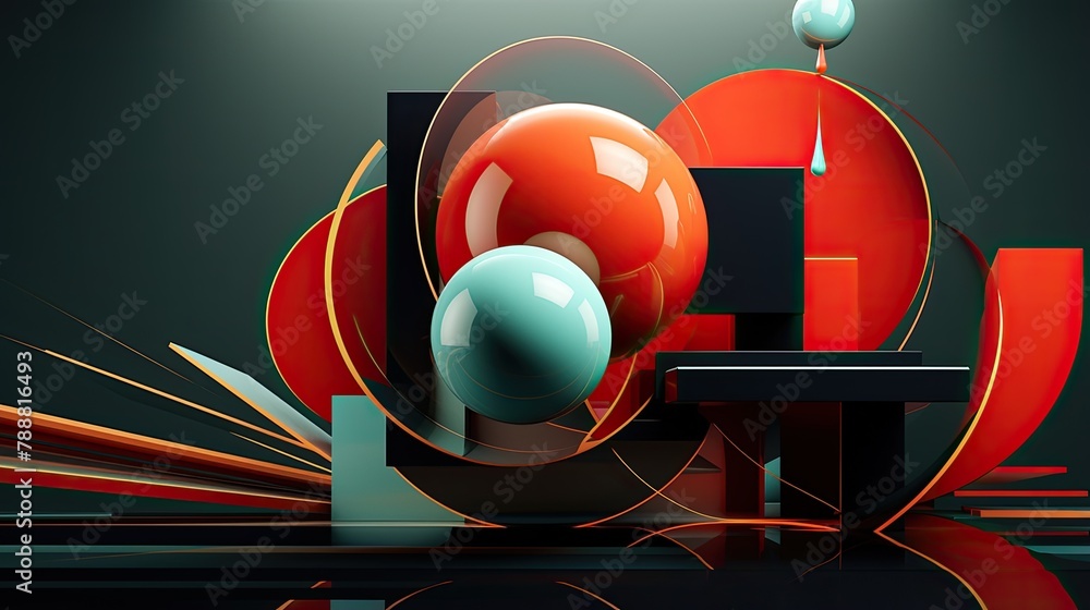 Poster 3d rendering of a surreal abstract scene with floating geometric shapes.