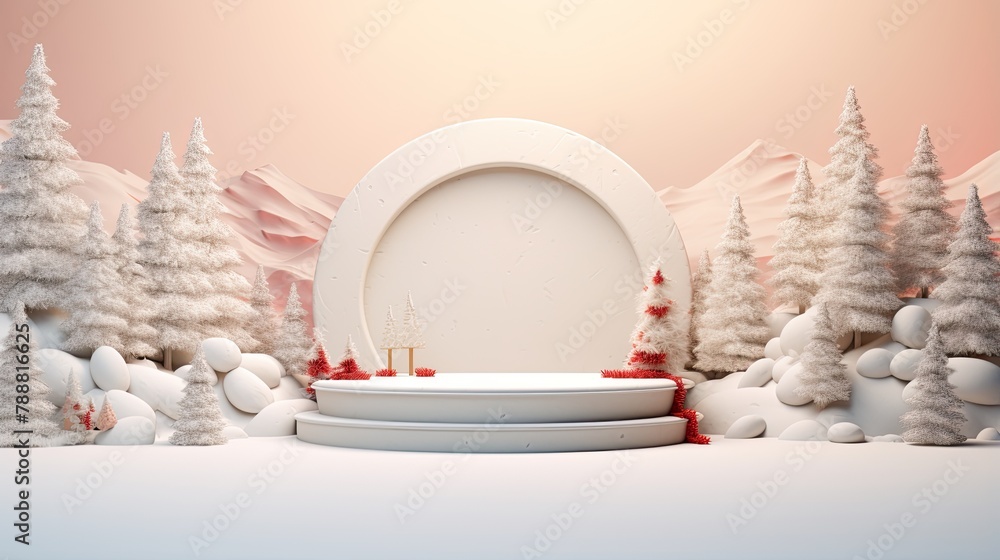 Poster 3d rendering of a winter scene with a podium in the center. the podium is made of white marble and h