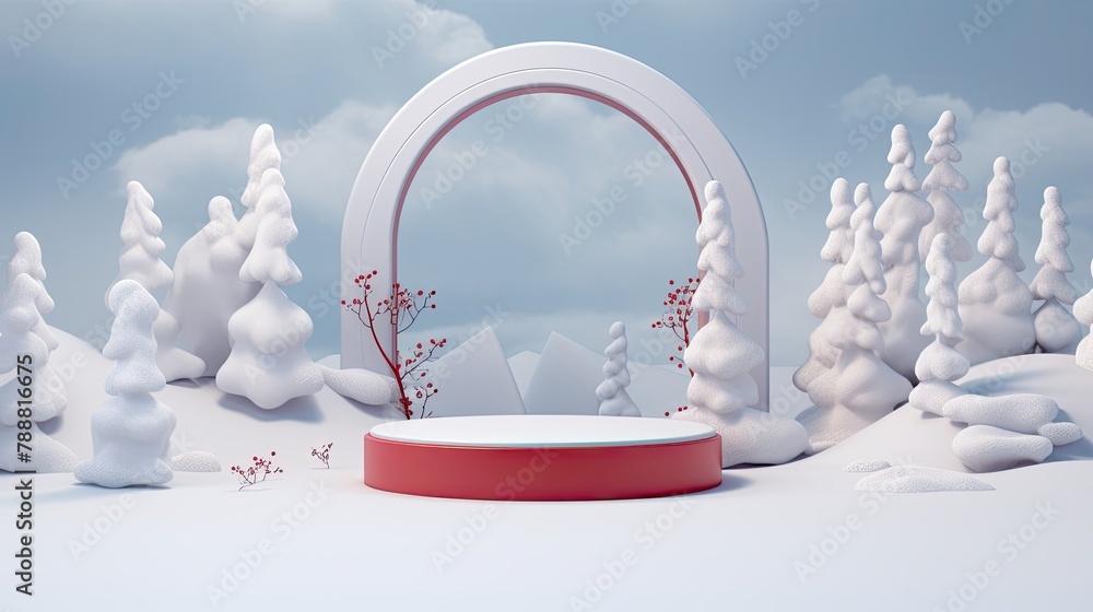 Poster 3d rendering of a winter scene with a podium in the center. the podium is surrounded by snow-covered
