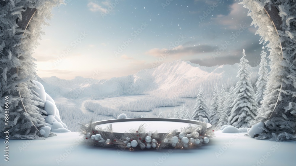 Poster 3d rendering of a winter landscape with a snow-covered mountain and a wreath with ornaments in the f